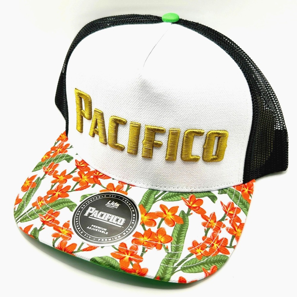 Pacifico Lids Exclusive Trucker Hat OSFM White Floral Snapback A-Frame Mesh Cap